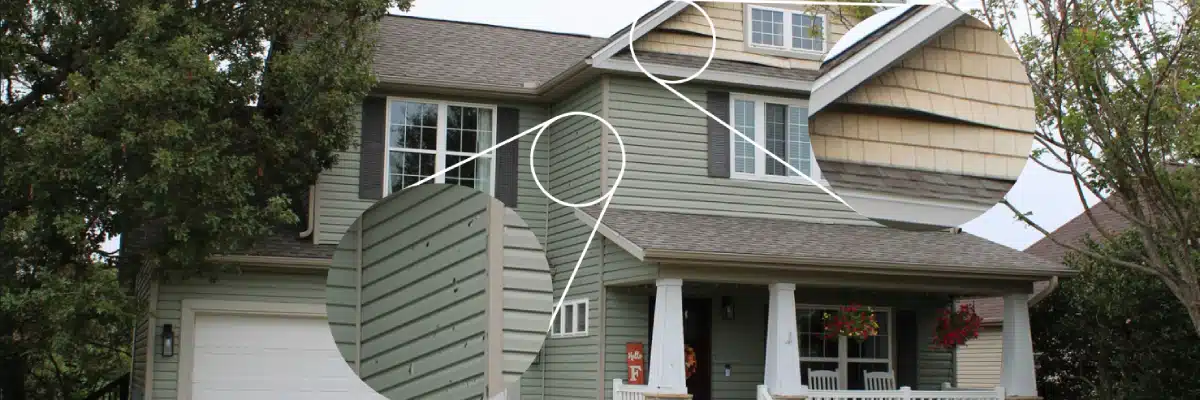 Multiple magnified views show different types of storm damage on house siding in Springdale