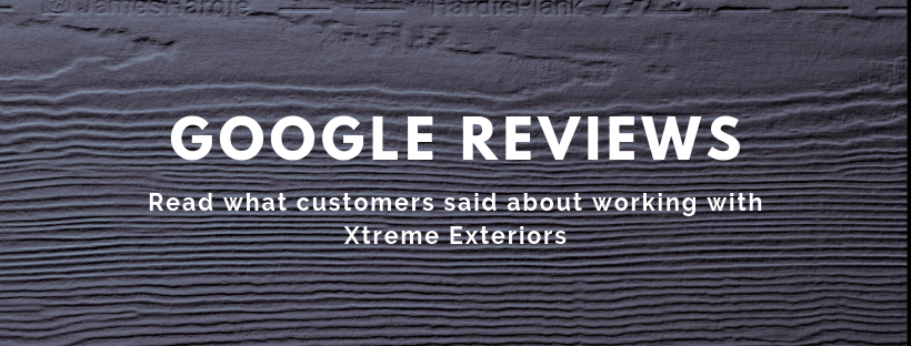 XE Google Reviews text over grey siding textured background