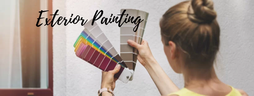 Exterior Painting banner showing a woman viewing paint swatches