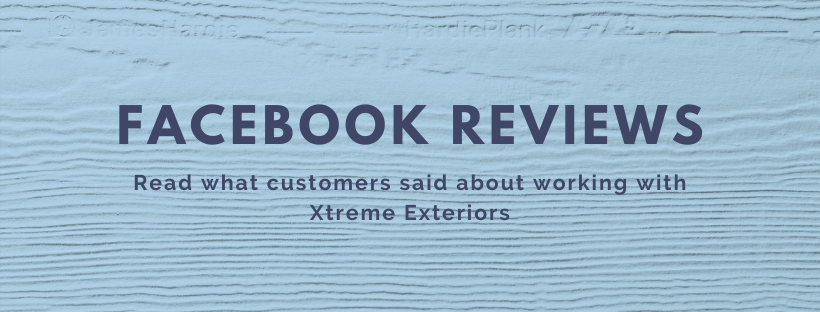 XE Facebook Reviews over blue siding textured background
