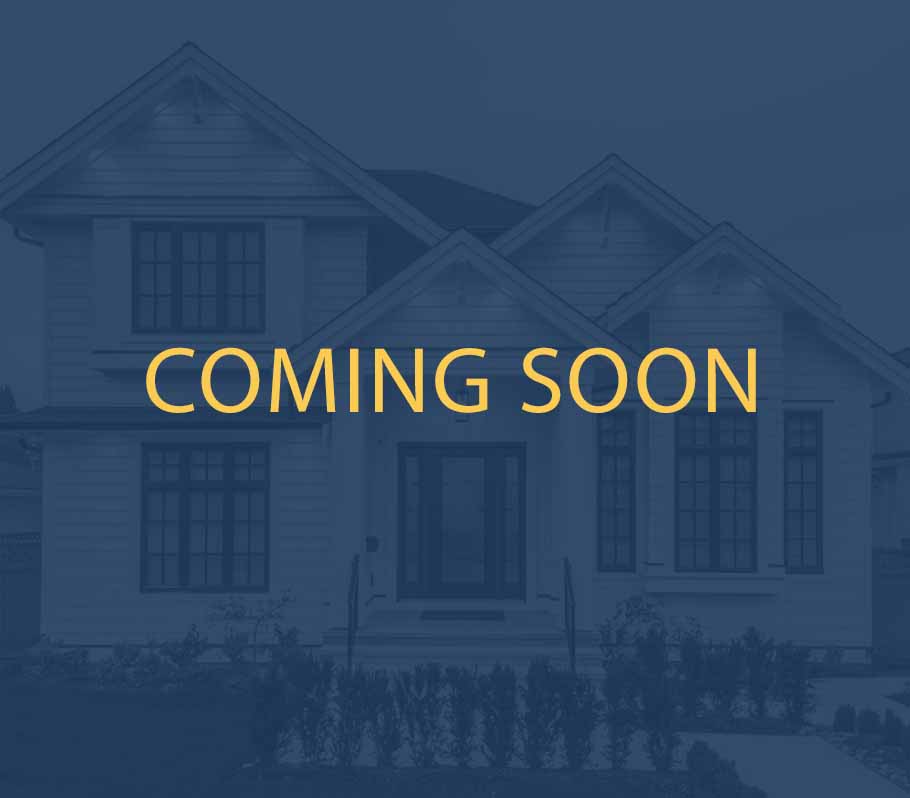 Blue overlay cover on top of front view of a home with yellow text coming soon