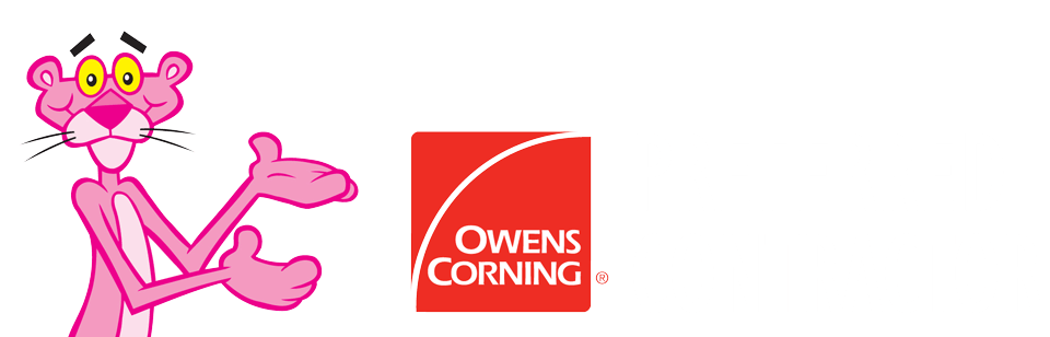 Pink panther holding up the owens corning preferred contractor logo