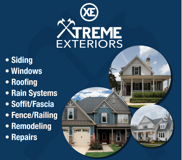 Info graphic of Xtreme Exterior's services - siding, windows, roofing, rain systems, soffit, fencing, remodeling, and repairs