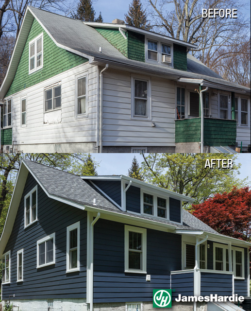 Before and after photo of a house with new siding after Xtreme Exteriors completed work