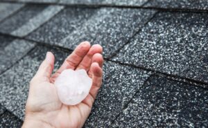 a hand holding a large hail stone with an asphalt shingle roof in the background