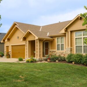 A tan house with a brown shingle roof, a two-car garage, and a green lawn