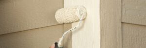 A. exterior painters' paint roller with a thick nap applying beige paint to a textured wall