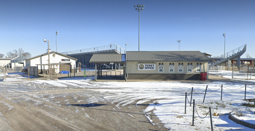 Sikeston Jaycee Bootheel Rodeo arena covered in ice for a winter-themed event.