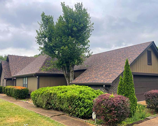 Asphalt shingle roof on a modern single-story home with manicured shrubs and trees by Xtreme Exteriors