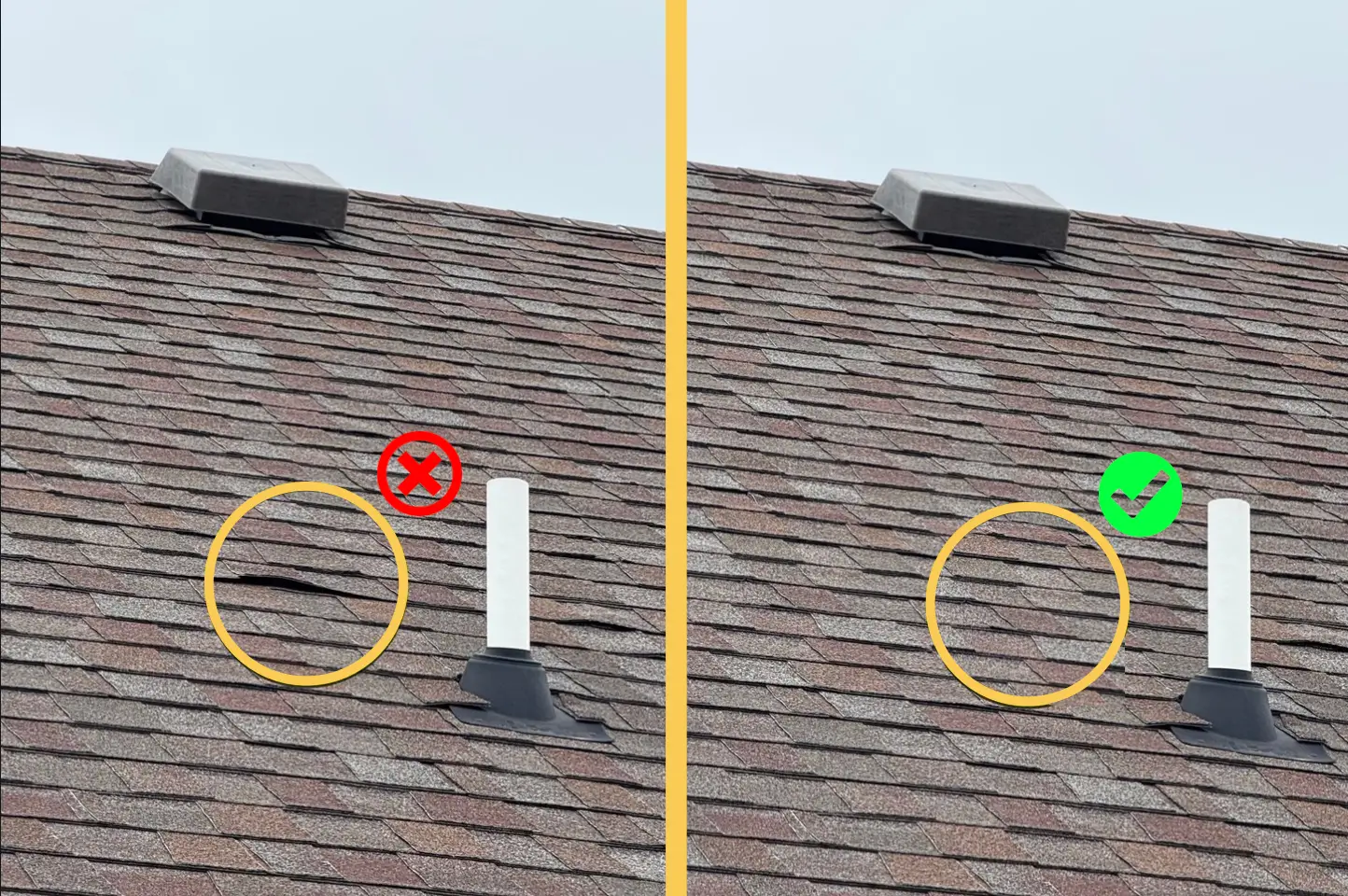 Before and after shingle repair for insurance roof damage claims by Xtreme Exteriors