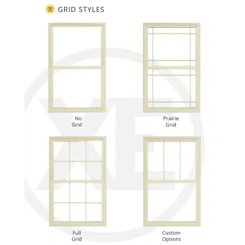 Four windows displaying no grid, prairie, full grid, and custom grid styles as custom window options by Xtreme Exteriors