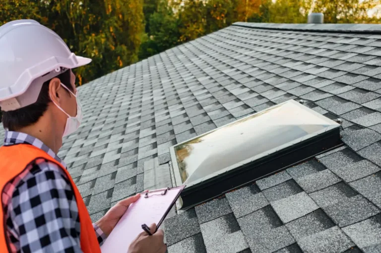 A professional in a hard hat and safety vest inspecting asphalt shingles and a skylight while taking notes, emphasizing thorough assessment for insurance roof damage claims by Xtreme Exteriors