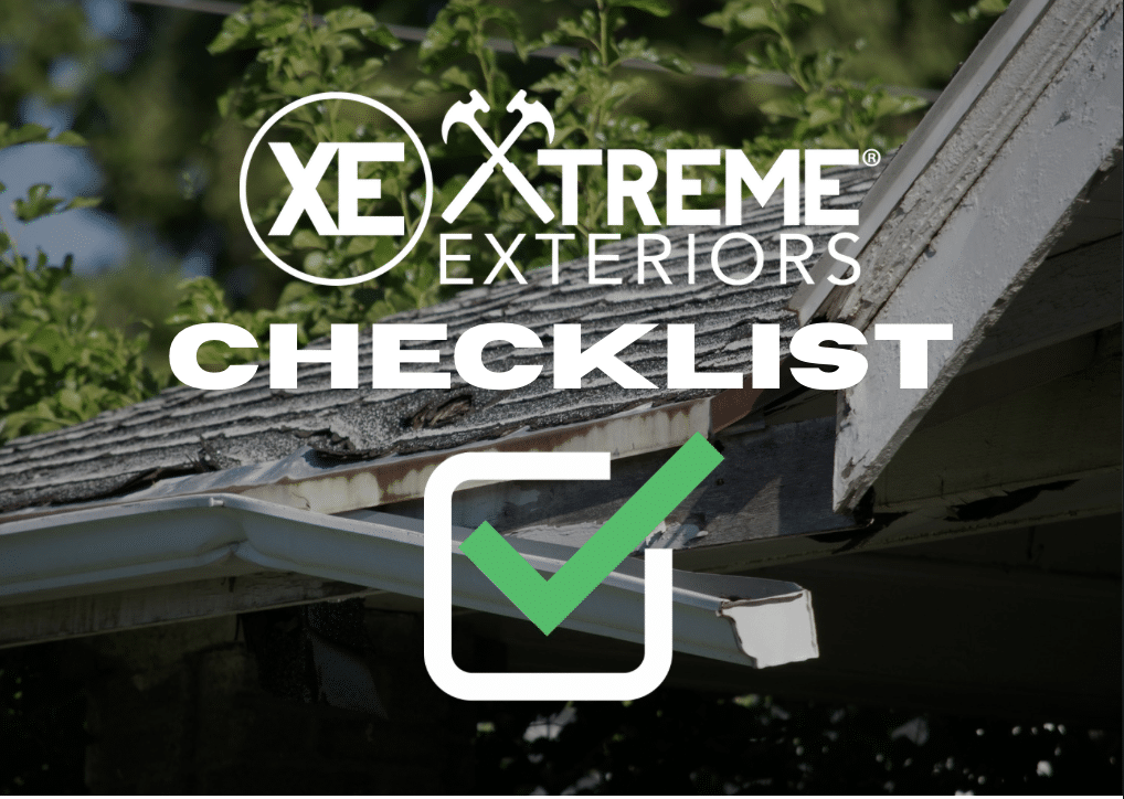 Storm damage roof inspection checklist for homeowners, showing a detailed list of items to inspect on roofs, gutters, and exterior after severe weather.