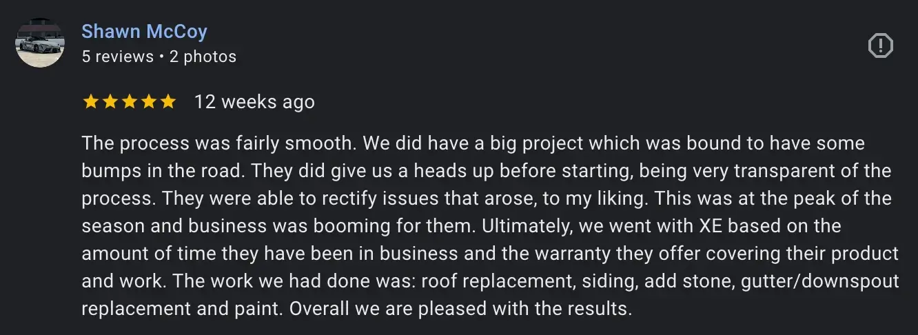 5-star customer review detailing positive experience with emergency siding repair Shawnee