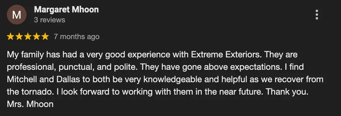 Five-star customer review praising emergency siding repair Sikeston services by Xtreme Exteriors