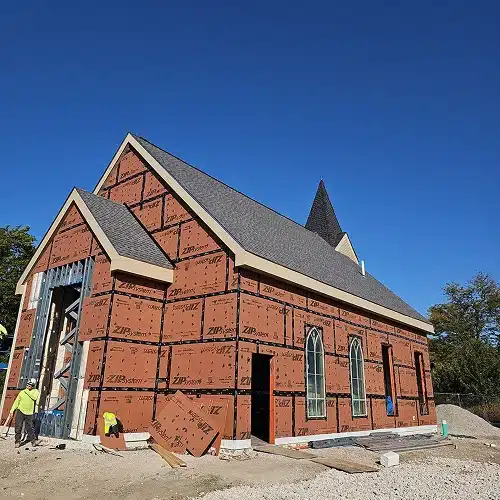 Church roof replacement infographic showing exposed decking and construction phase by Xtreme Exteriors in Nixa, MO