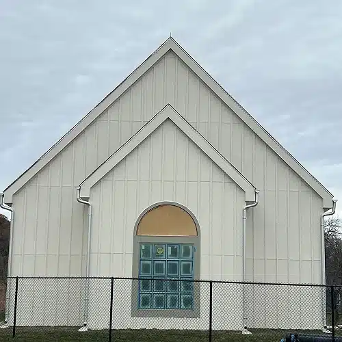 Infographic featuring church roof replacement and updated siding on white church by Xtreme Exteriors in Nixa, MO