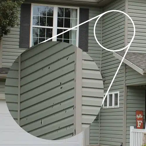 Close-up of vinyl siding with hail damage and punctures on Springdale home, illustrating emergency siding repair Springdale