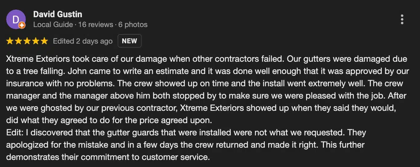 5-star customer review praising emergency siding repair Springdale service