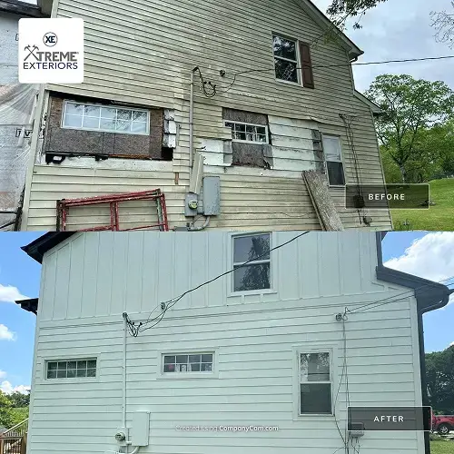 Dramatic before and after of residential siding repair, highlighting siding maintenance Sikeston by Xtreme Exteriors in Nixa, MO