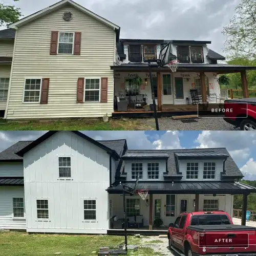 Before and after header of a house exterior, showcasing complete siding maintenance Sikeston by Xtreme Exteriors in Nixa, MO