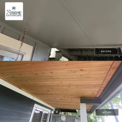 Porch ceiling renovation in Nixa, MO, showing original painted ceiling and new natural wood tongue-and-groove installation by Xtreme Exteriors for a guide to siding project