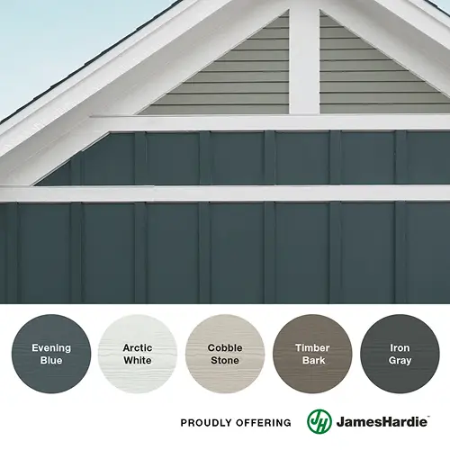 Variety of James Hardie siding styles and colors for homes in Sikeston, including Evening Blue, Arctic White, Cobble Stone, Timber Bark, and Iron Gray by Xtreme Exteriors in Nixa MO