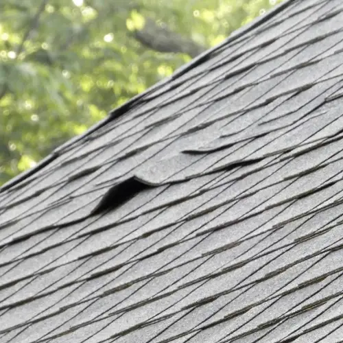 Dark gray asphalt shingles with one shingle noticeably lifted or curled, indicating severe wind or hail damage that requires immediate professional roofing storm damage repair by Xtreme Exteriors in Nixa, MO.