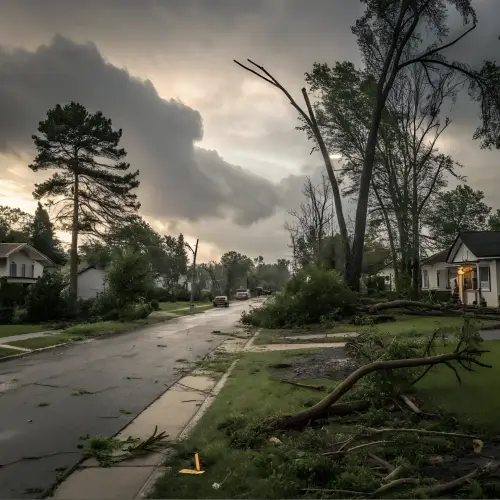 Residential street scene showing large fallen tree branches blocking sidewalks and yards under dark, cloudy skies, clearly illustrating the need for immediate roofing storm damage repair and cleanup by Xtreme Exteriors in Nixa, MO.