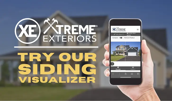 Person holding smartphone showing Xtreme Exteriors siding visualizer app with modern home background – explore siding styles in Springdale with Xtreme Exteriors Nixa, MO.