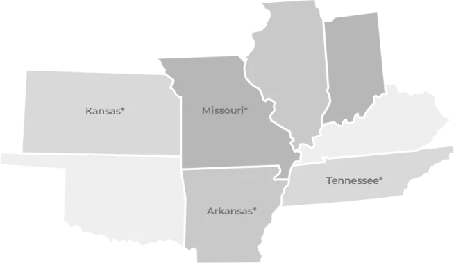 Map outline of the midwest locations for Xtreme Exteriors