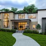 front view of a modern grey home with large windows showcasing the aspyre collection